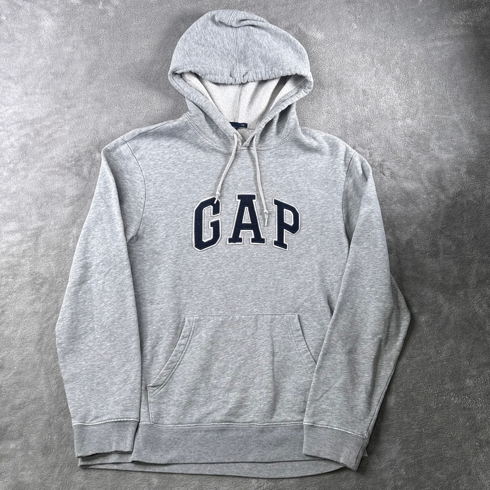 Vintage Gap Hoodie Mens M Gray Spellout Logo Pullover Fleece Sweatshirt